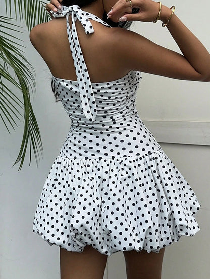 EZwear Women's Polka Dot Print Ruched Halter Backless Sleeveless Mini Dress Vintage
