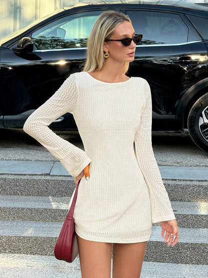 EZwear Women's Solid Color Backless Lace-Up Flare Sleeve Mini Dress Summer Dresses For Women