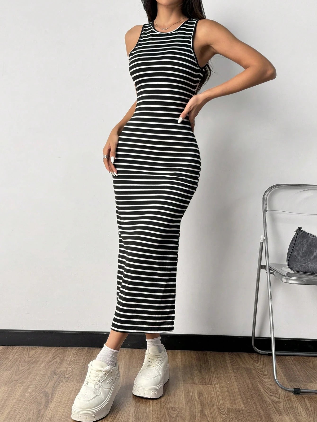 EZwear Women's Striped Backless Side Slit Dress Backless Dress,Summer Dresses For Women