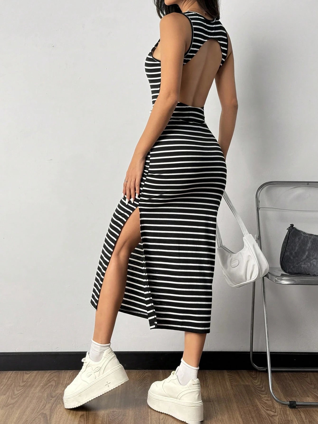 EZwear Women's Striped Backless Side Slit Dress Backless Dress,Summer Dresses For Women