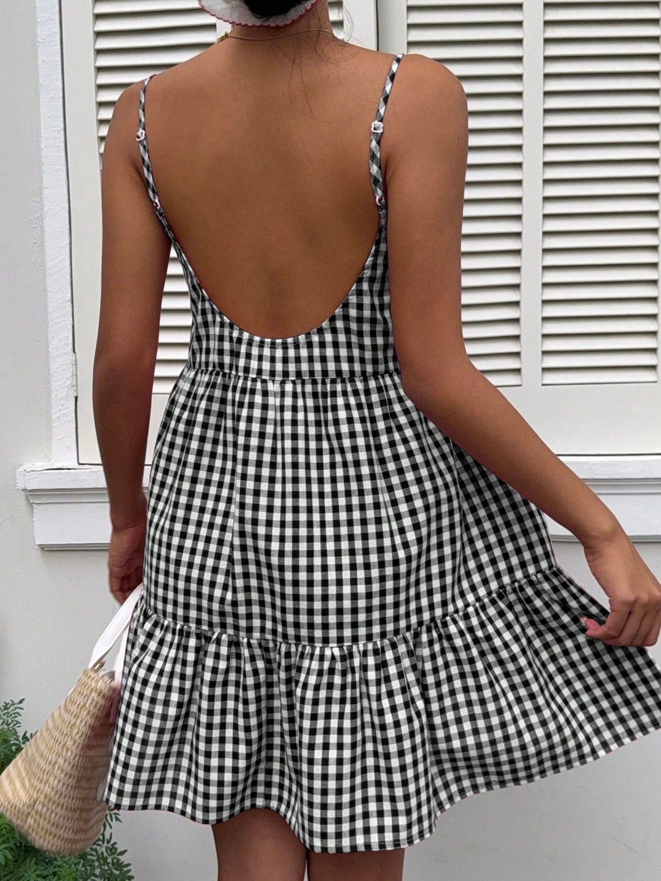 EZwear Women's Summer New Plaid Pinafore Dress, Spaghetti Strap Backless Dress Vacation Dress
