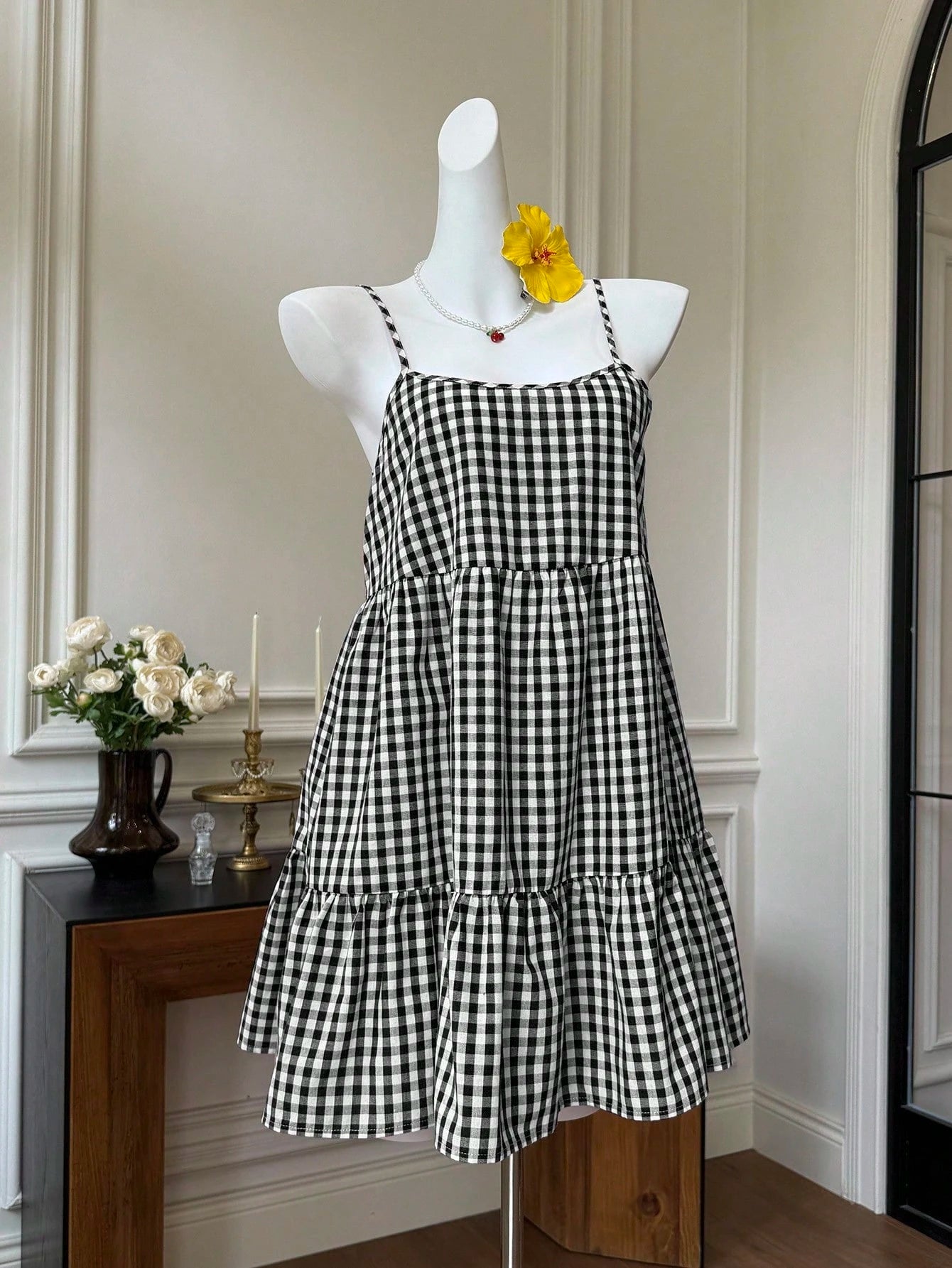 EZwear Women's Summer New Plaid Pinafore Dress, Spaghetti Strap Backless Dress Vacation Dress