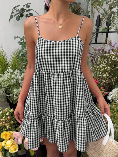 EZwear Women's Summer New Plaid Pinafore Dress, Spaghetti Strap Backless Dress Vacation Dress