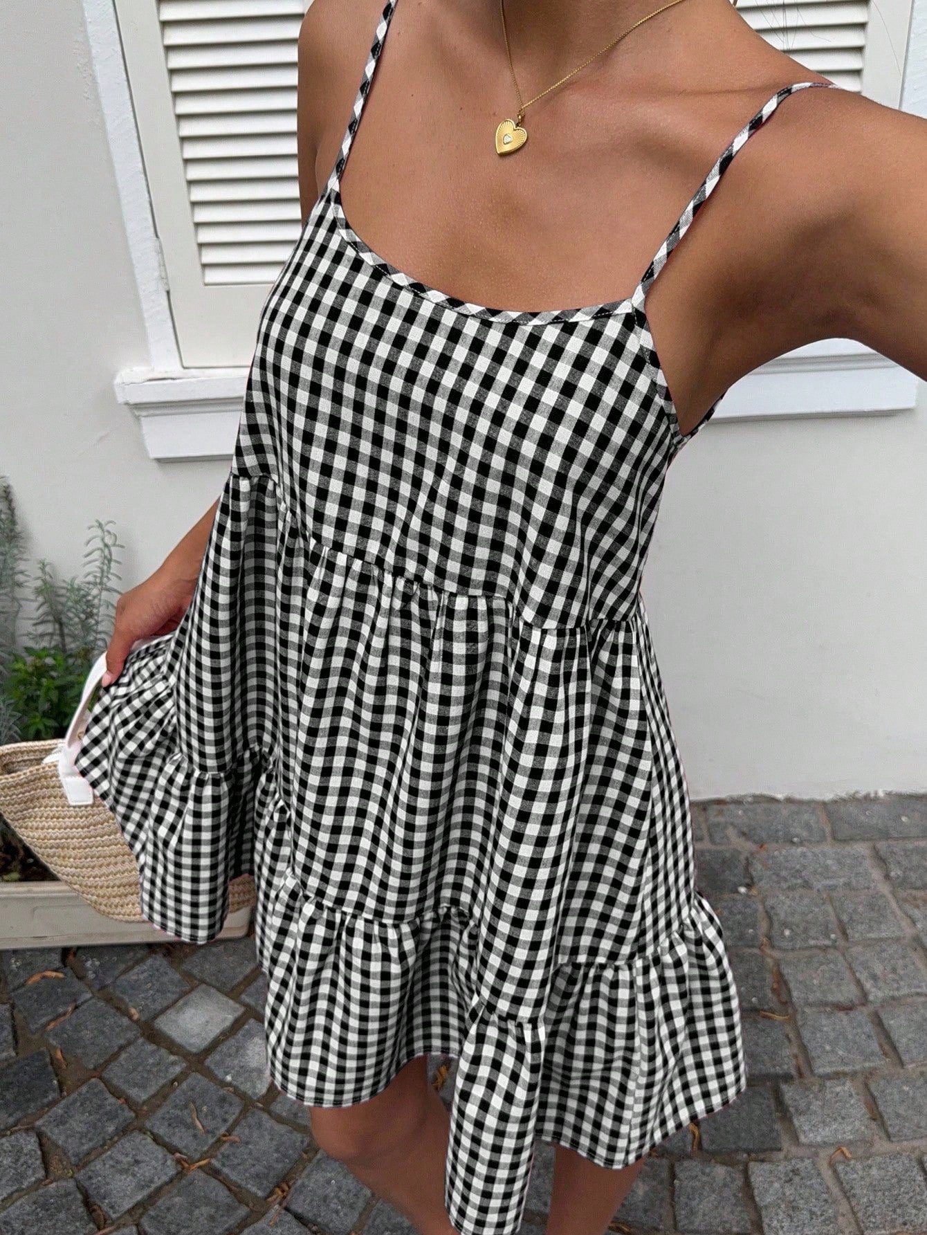 EZwear Women's Summer New Plaid Pinafore Dress, Spaghetti Strap Backless Dress Vacation Dress