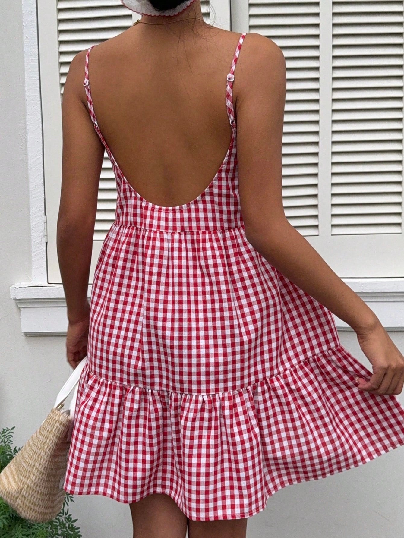 EZwear Women's Summer New Plaid Pinafore Dress, Spaghetti Strap Backless Dress Vacation Dress