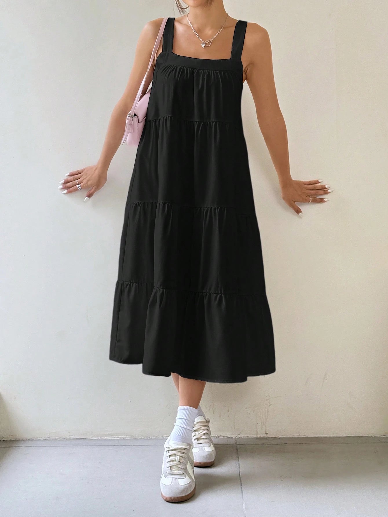 EZwear Women Solid Color Simple Daily Long A-Line Sleeveless Suspender Dress