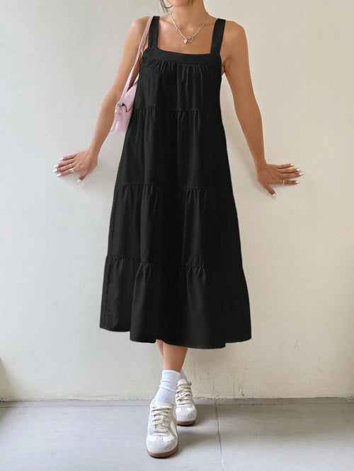 EZwear Women Solid Color Simple Daily Long A-Line Sleeveless Suspender Dress
