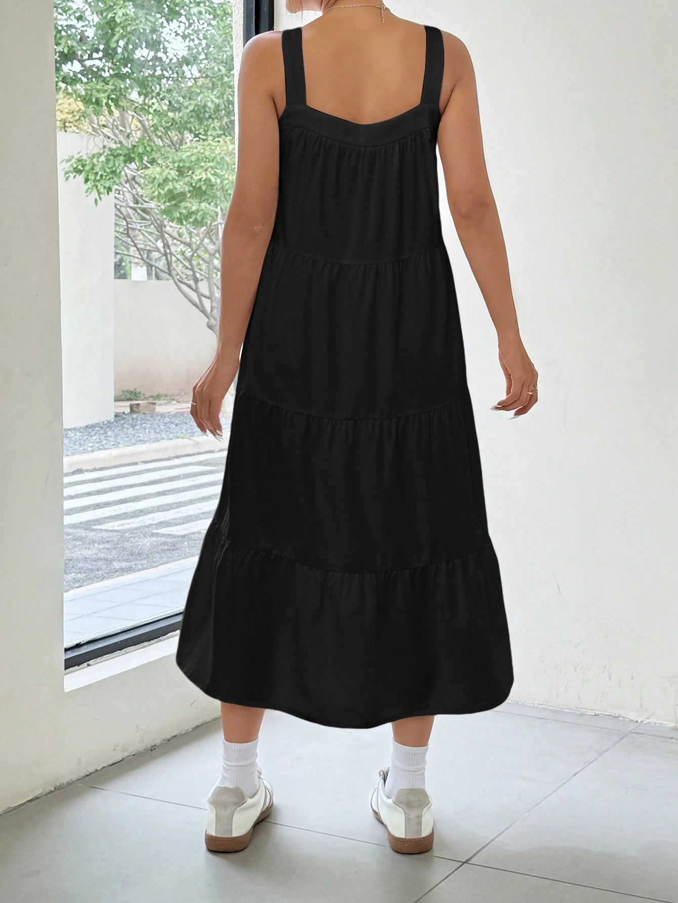 EZwear Women Solid Color Simple Daily Long A-Line Sleeveless Suspender Dress