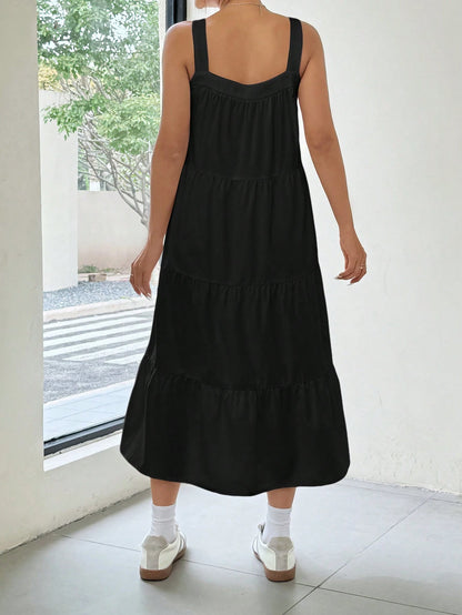 EZwear Women Solid Color Simple Daily Long A-Line Sleeveless Suspender Dress