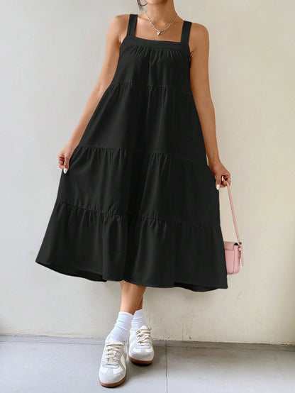 EZwear Women Solid Color Simple Daily Long A-Line Sleeveless Suspender Dress