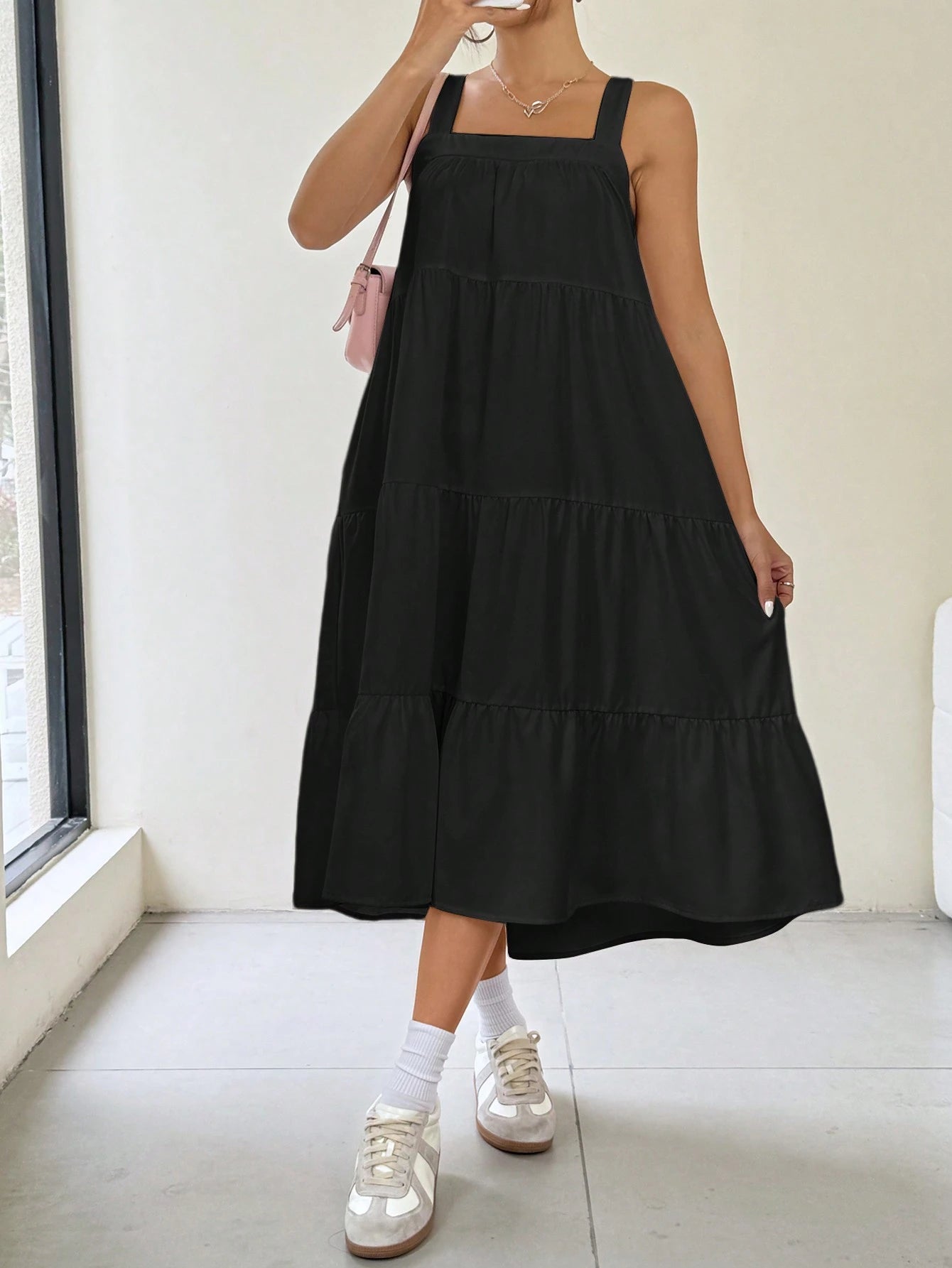 EZwear Women Solid Color Simple Daily Long A-Line Sleeveless Suspender Dress