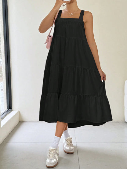 EZwear Women Solid Color Simple Daily Long A-Line Sleeveless Suspender Dress