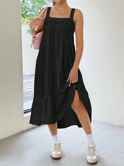 EZwear Women Solid Color Simple Daily Long A-Line Sleeveless Suspender Dress