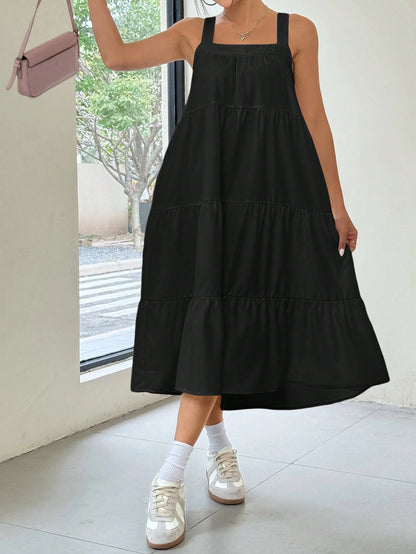 EZwear Women Solid Color Simple Daily Long A-Line Sleeveless Suspender Dress