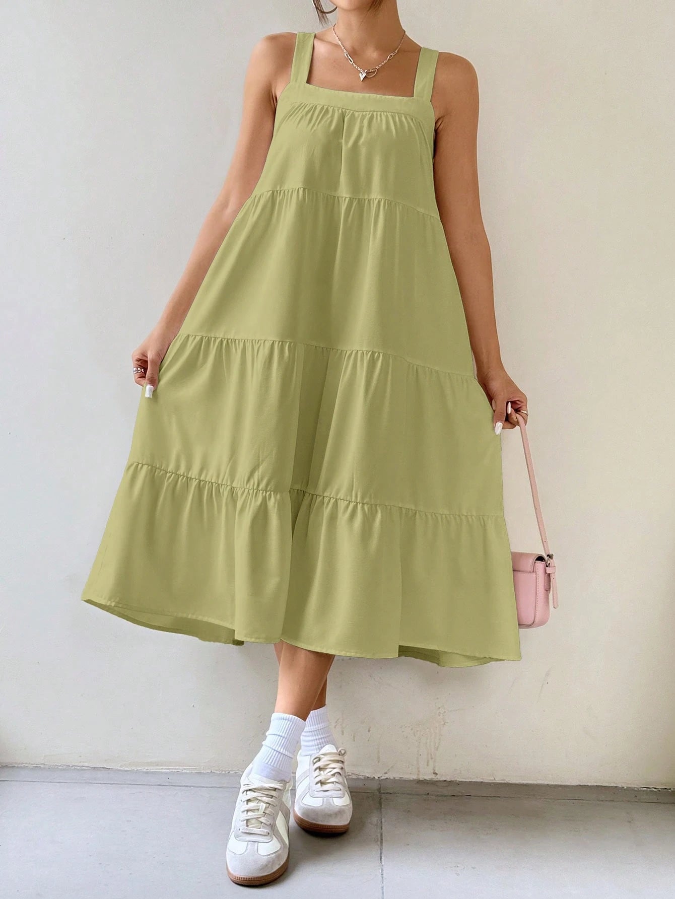 EZwear Women Solid Color Simple Daily Long A-Line Sleeveless Suspender Dress