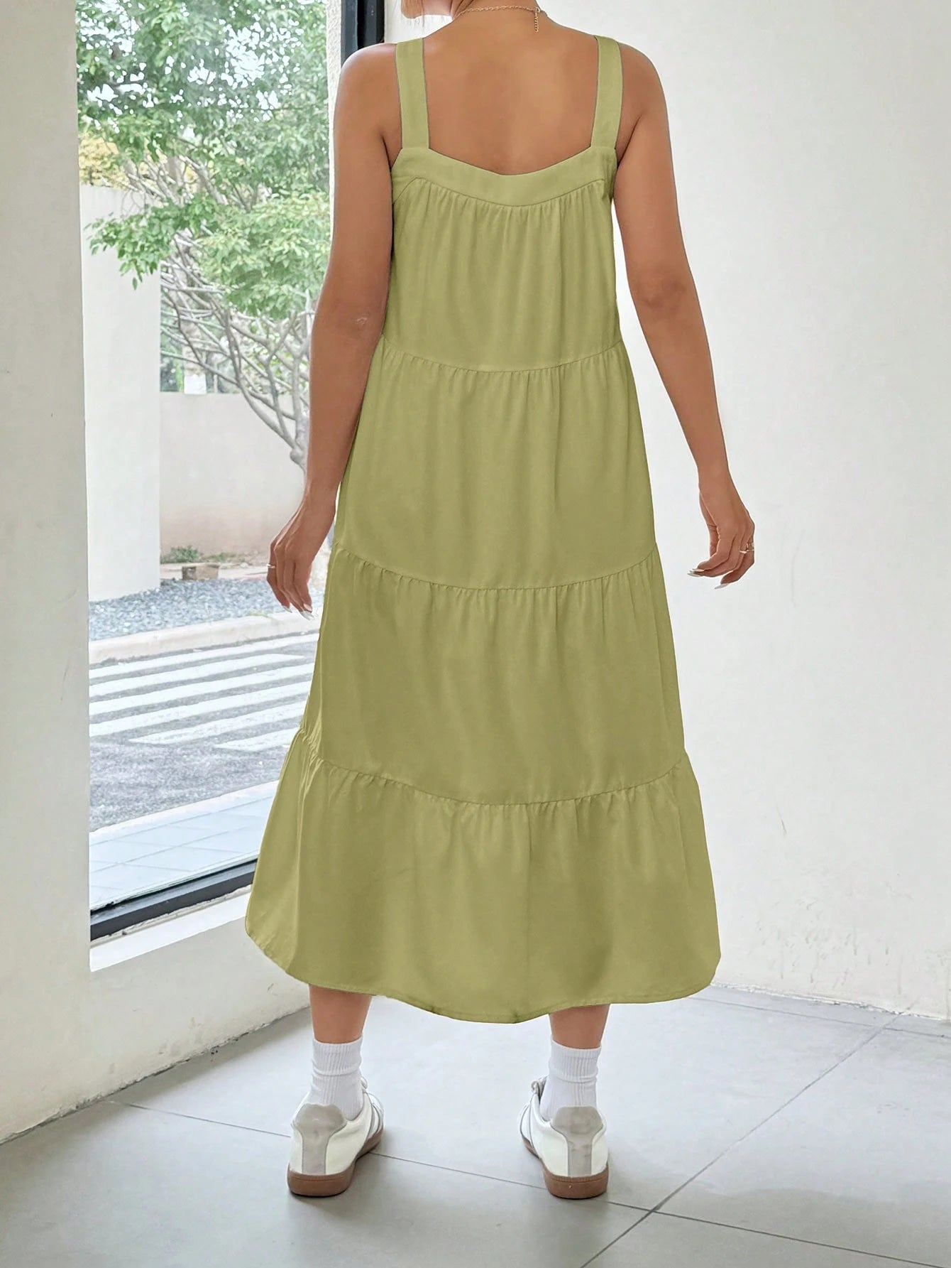 EZwear Women Solid Color Simple Daily Long A-Line Sleeveless Suspender Dress