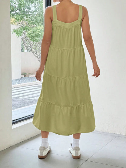EZwear Women Solid Color Simple Daily Long A-Line Sleeveless Suspender Dress