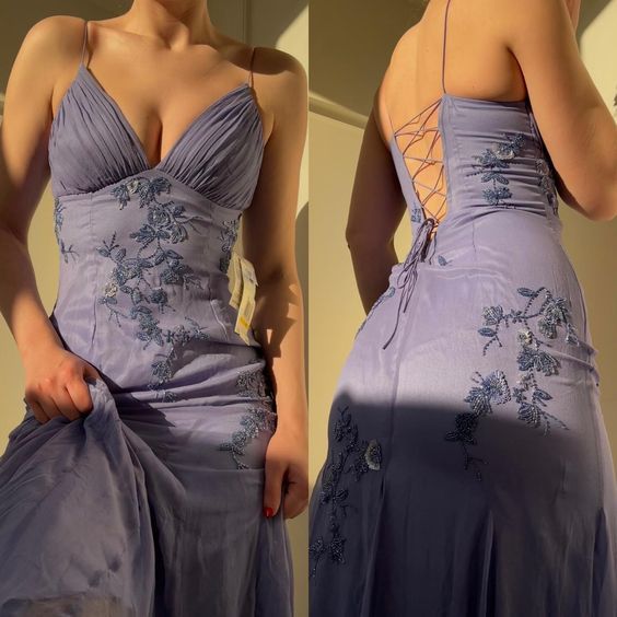 Fairy Blue/Purple Spaghetti Straps Appliques Chiffon Prom Dresses,AST2276