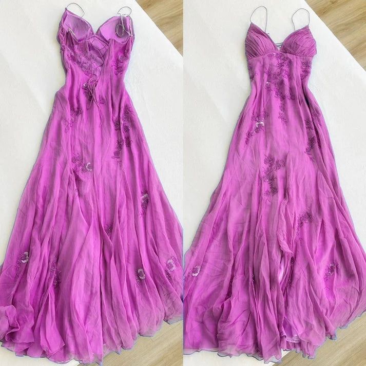 Fairy Blue/Purple Spaghetti Straps Appliques Chiffon Prom Dresses,AST2276