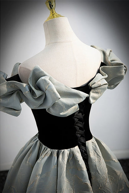 Fairy Off the Shoulder Black and Green Satin Long Prom Dress