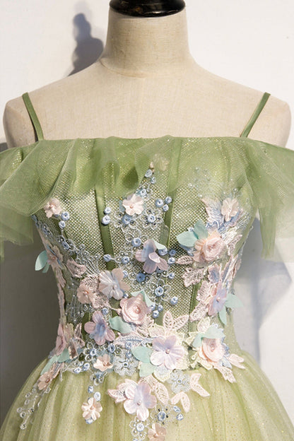 Fairy Off the Shoulder Green Floral Long Party Dress