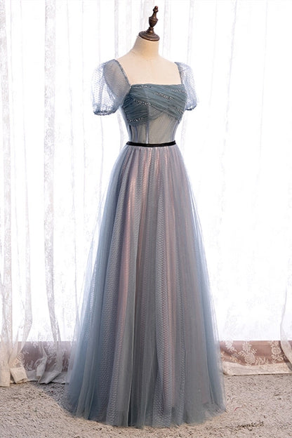 Fairy Short Sleeves Blue Long Formal Dress