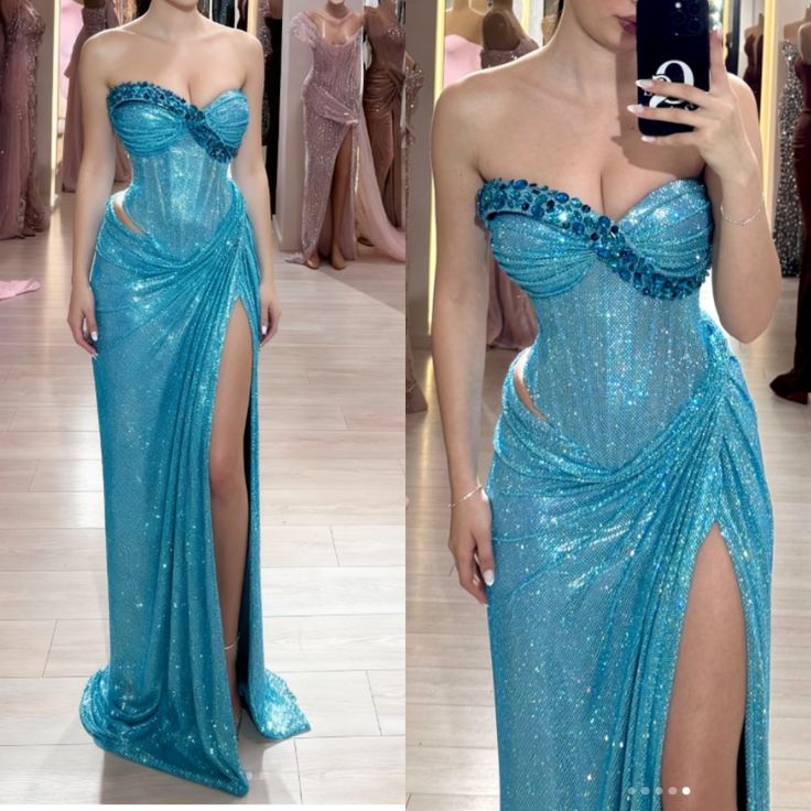 Fashion Blue Strapless Sheath Glitter Two-Piece Prom Dresses Formal Evening Gowns with Slits,AST2300