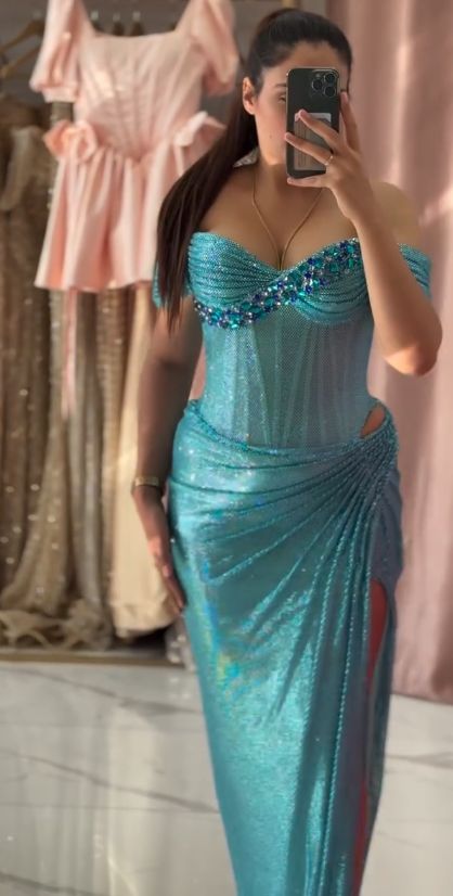 Fashion Blue Strapless Sheath Glitter Two-Piece Prom Dresses Formal Evening Gowns with Slits,AST2300