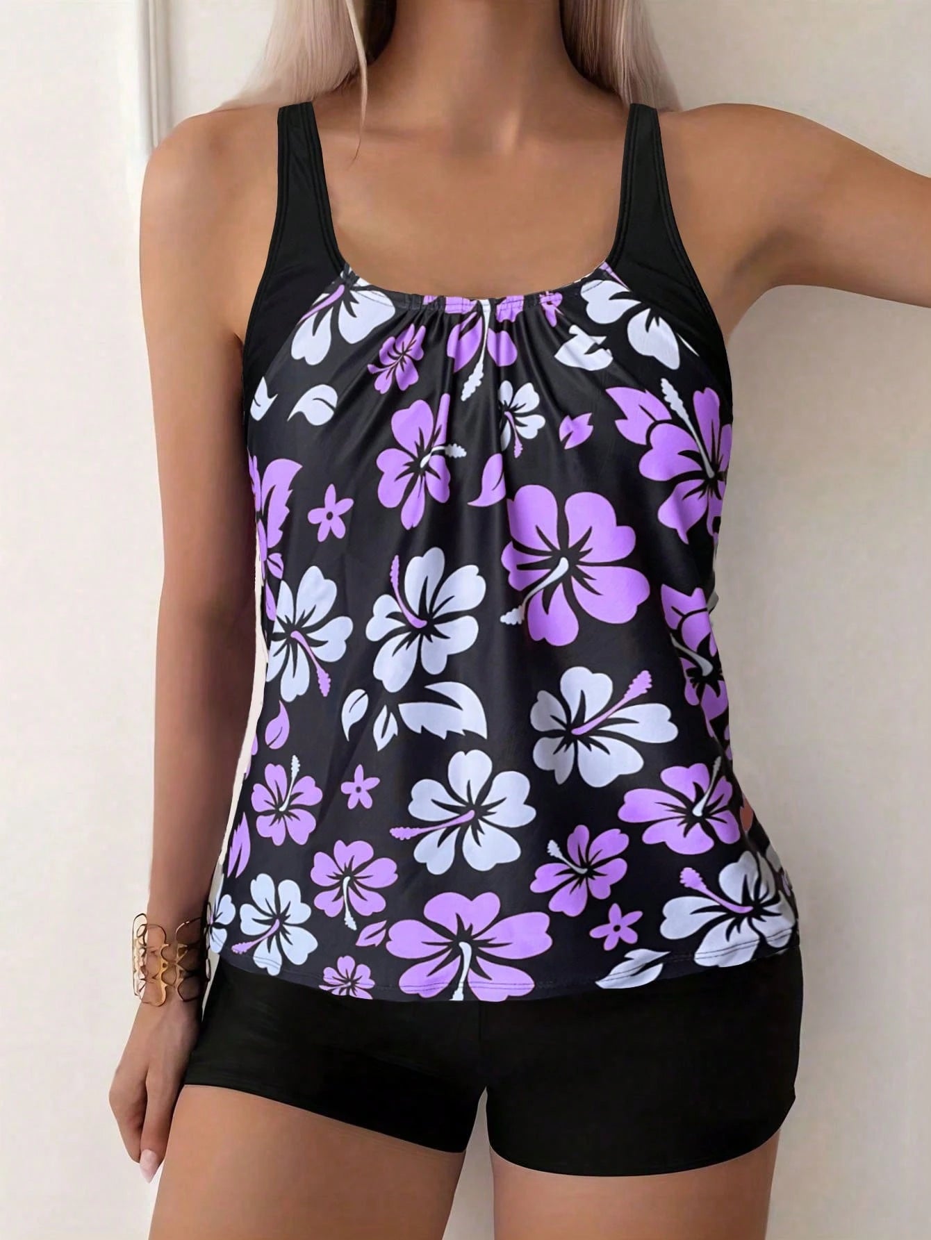 Fashionable Women's Spaghetti Strap Ditsy Floral Tankini Top With Shorts, Casual Sexy Beach Outfit, Medium Size, Stretchy Vacation Black Summer
