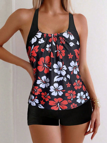 Fashionable Women's Spaghetti Strap Ditsy Floral Tankini Top With Shorts, Casual Sexy Beach Outfit, Medium Size, Stretchy Vacation Black Summer