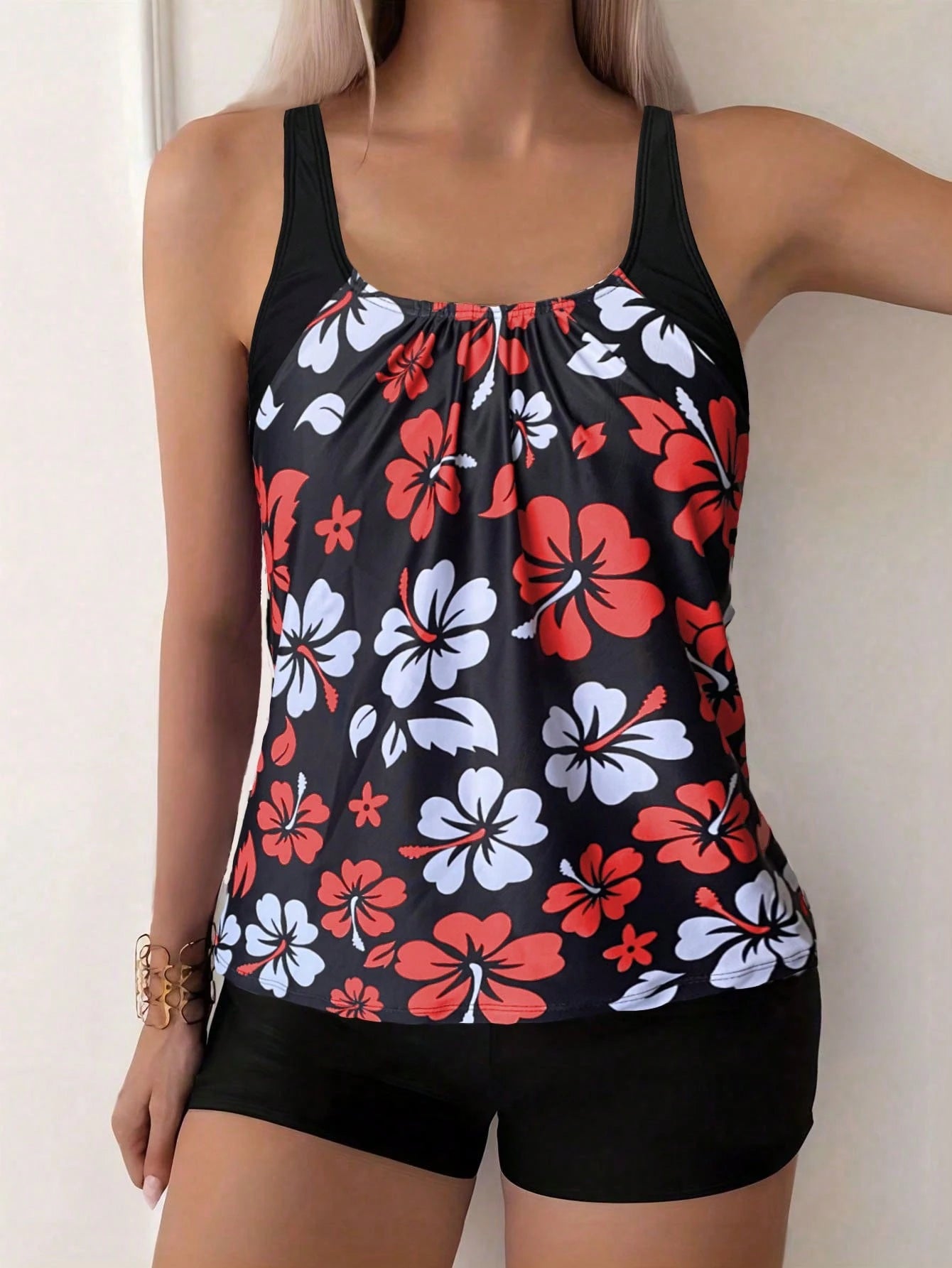 Fashionable Women's Spaghetti Strap Ditsy Floral Tankini Top With Shorts, Casual Sexy Beach Outfit, Medium Size, Stretchy Vacation Black Summer