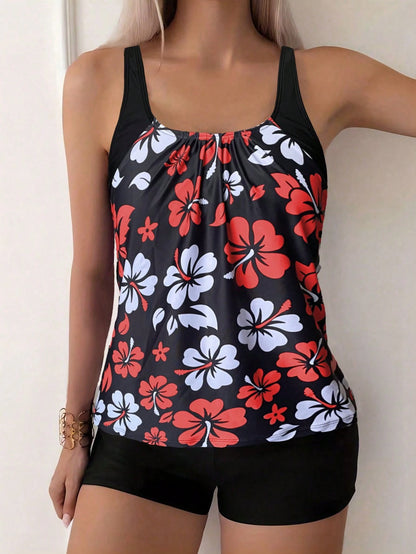 Fashionable Women's Spaghetti Strap Ditsy Floral Tankini Top With Shorts, Casual Sexy Beach Outfit, Medium Size, Stretchy Vacation Black Summer