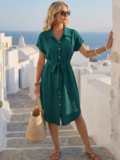 Faunlyn Solid Button Front Belted Shirt Dress For Summer