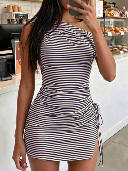 FavEase Women's Striped Sexy Off-Shoulder Dress, Casual Everyday Wear, YK2