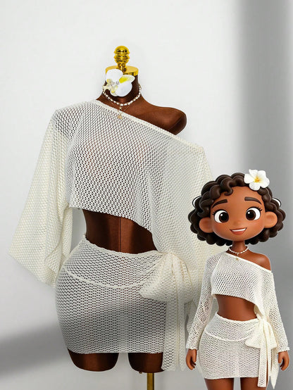 Fembélia 2pcs Set Women's White Summer Boho Beach Holiday,Delicate Hollow-Out Semi-Sheer Mesh Off-Shoulder Exposed Waist Cover Up & Wrap Skirt With Side Ties