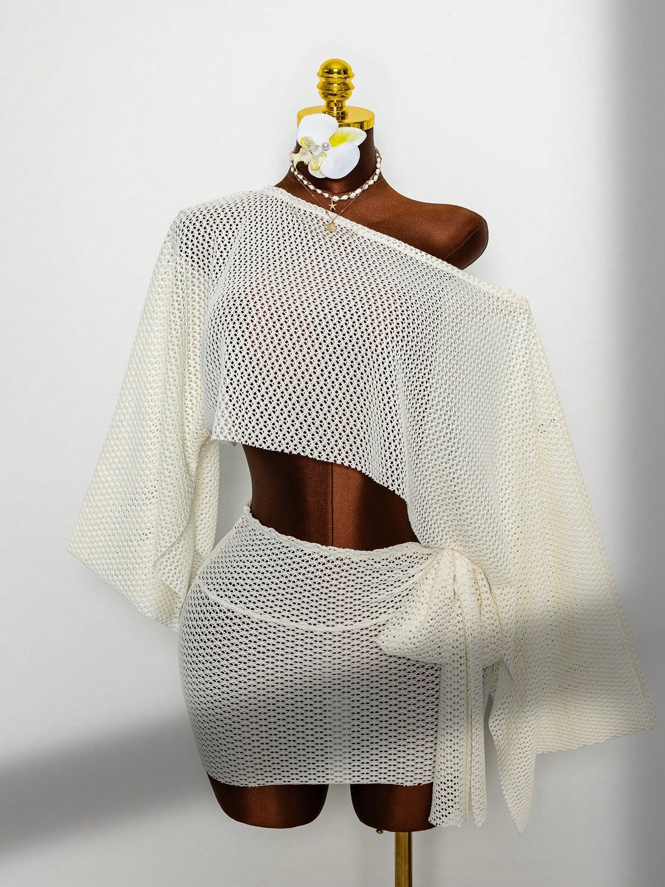 Fembélia 2pcs Set Women's White Summer Boho Beach Holiday,Delicate Hollow-Out Semi-Sheer Mesh Off-Shoulder Exposed Waist Cover Up & Wrap Skirt With Side Ties