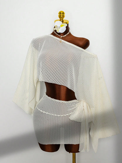 Fembélia 2pcs Set Women's White Summer Boho Beach Holiday,Delicate Hollow-Out Semi-Sheer Mesh Off-Shoulder Exposed Waist Cover Up & Wrap Skirt With Side Ties