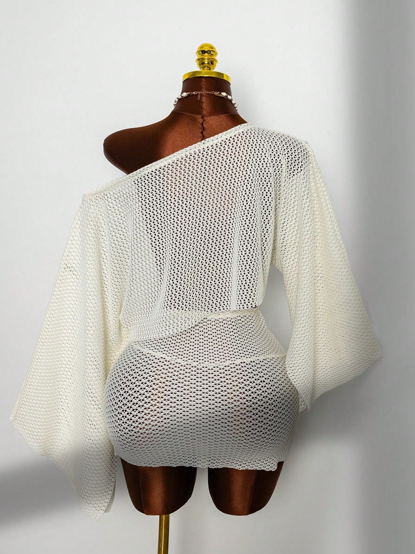 Fembélia 2pcs Set Women's White Summer Boho Beach Holiday,Delicate Hollow-Out Semi-Sheer Mesh Off-Shoulder Exposed Waist Cover Up & Wrap Skirt With Side Ties