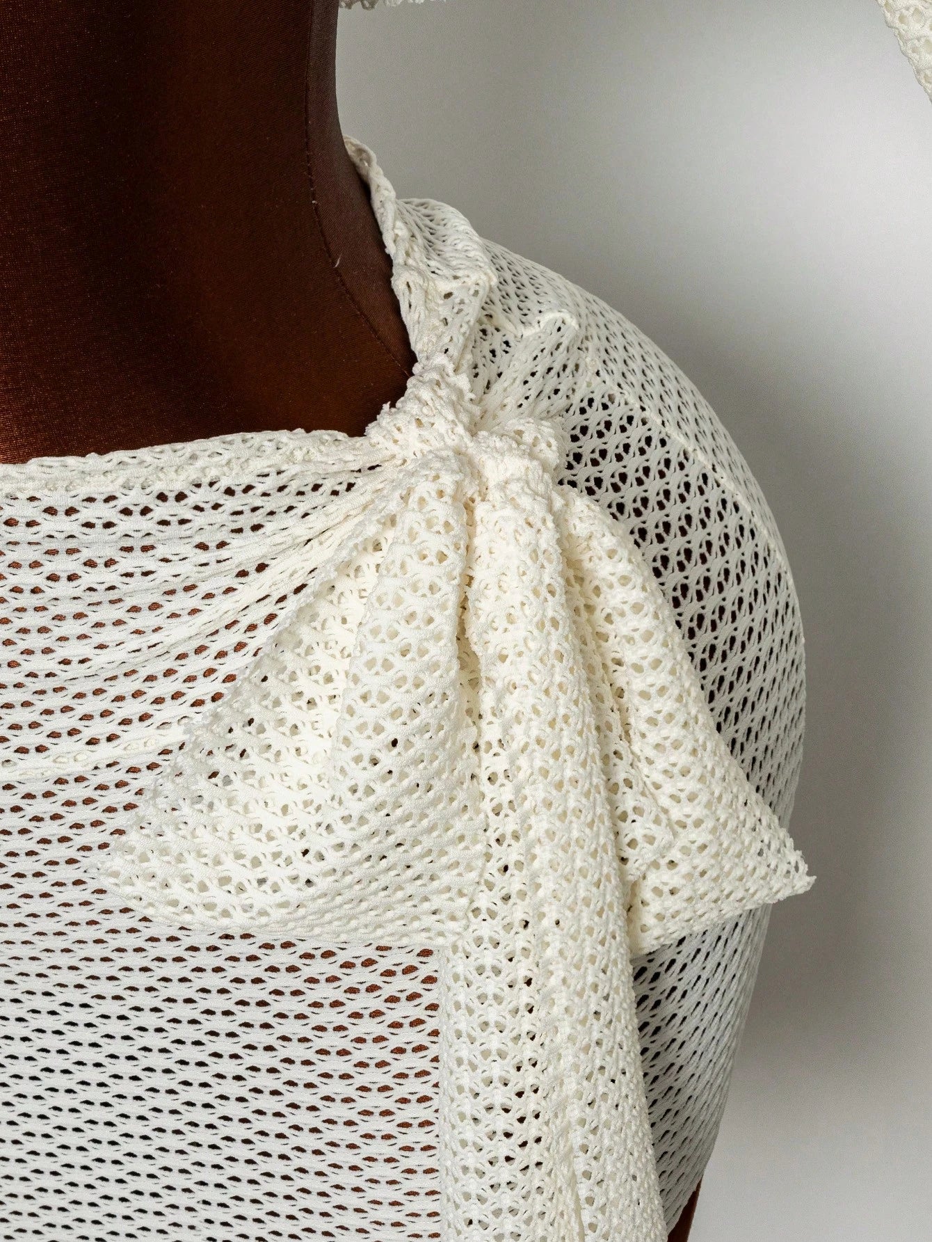 Fembélia 2pcs Set Women's White Summer Boho Beach Holiday,Delicate Hollow-Out Semi-Sheer Mesh Off-Shoulder Exposed Waist Cover Up & Wrap Skirt With Side Ties