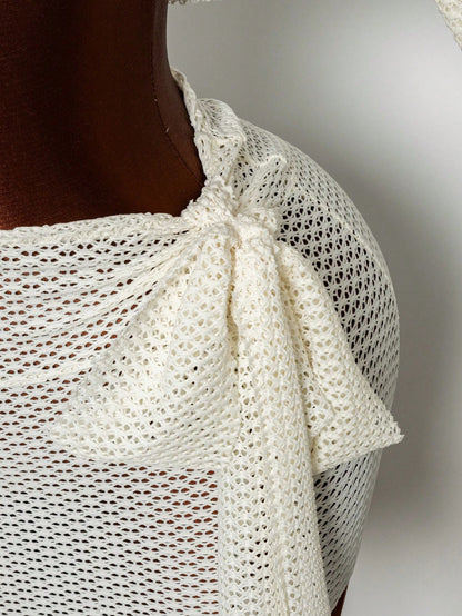 Fembélia 2pcs Set Women's White Summer Boho Beach Holiday,Delicate Hollow-Out Semi-Sheer Mesh Off-Shoulder Exposed Waist Cover Up & Wrap Skirt With Side Ties