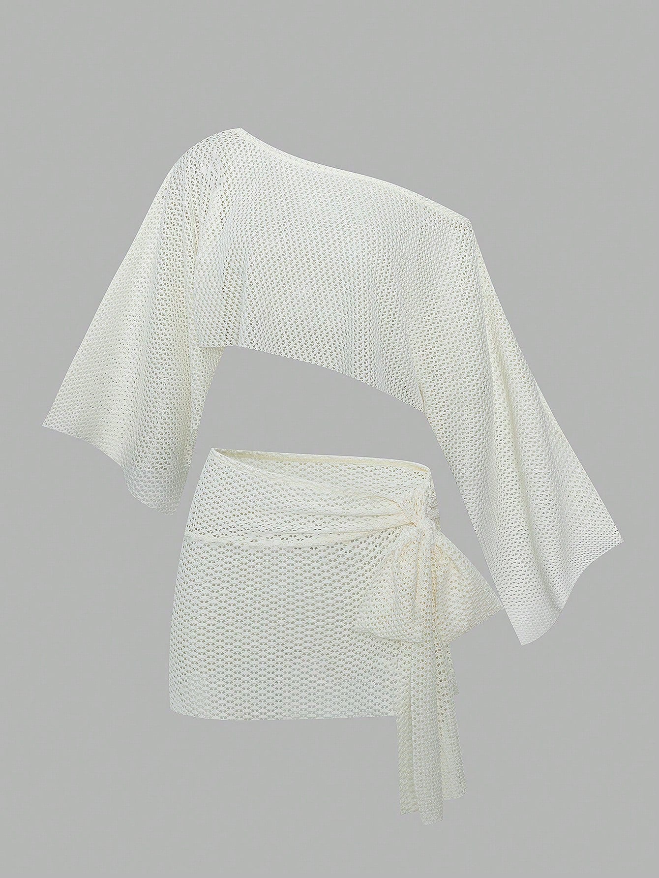 Fembélia 2pcs Set Women's White Summer Boho Beach Holiday,Delicate Hollow-Out Semi-Sheer Mesh Off-Shoulder Exposed Waist Cover Up & Wrap Skirt With Side Ties