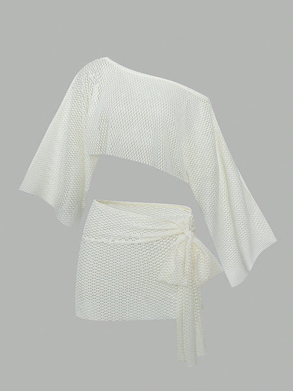 Fembélia 2pcs Set Women's White Summer Boho Beach Holiday,Delicate Hollow-Out Semi-Sheer Mesh Off-Shoulder Exposed Waist Cover Up & Wrap Skirt With Side Ties