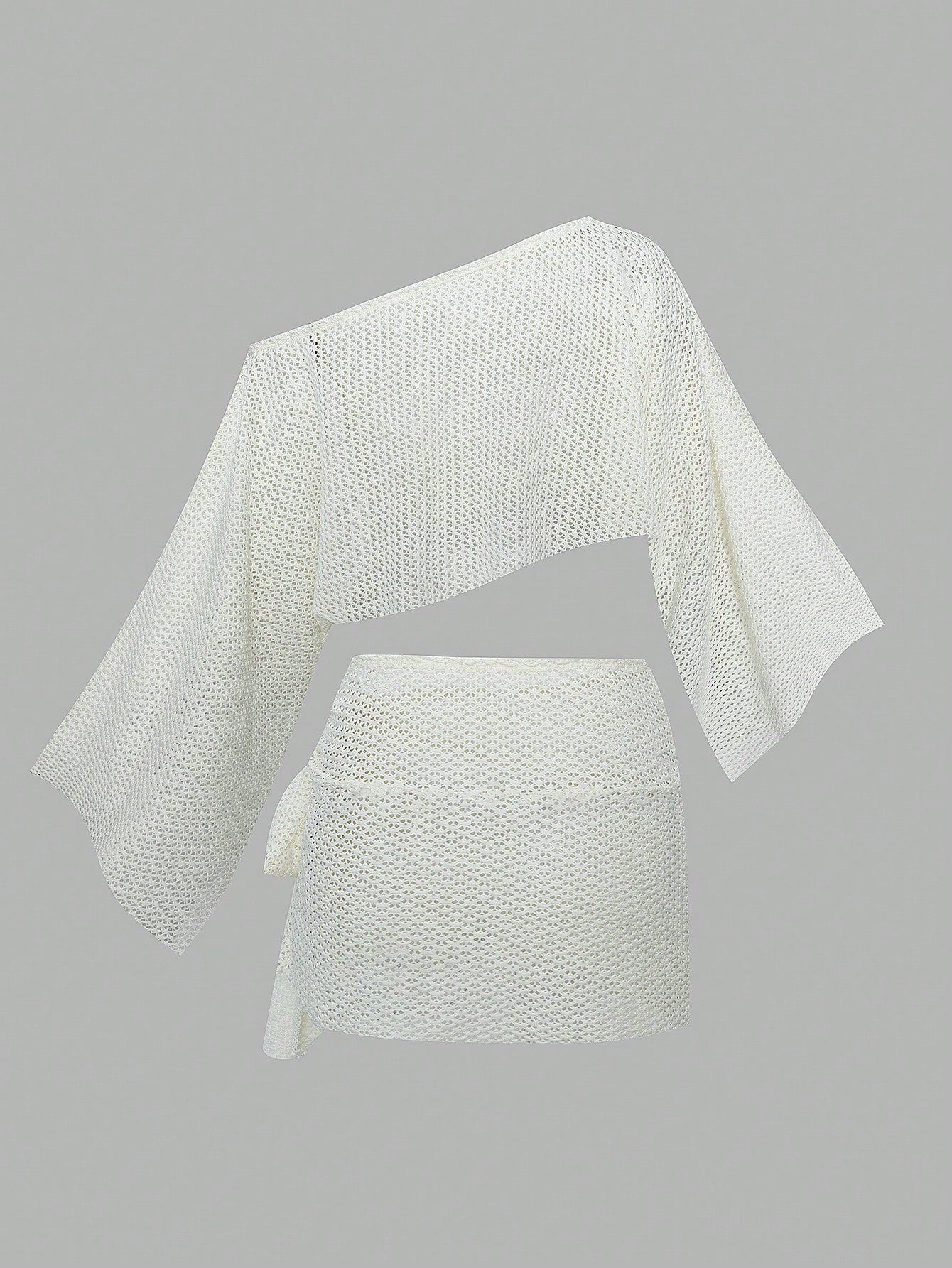 Fembélia 2pcs Set Women's White Summer Boho Beach Holiday,Delicate Hollow-Out Semi-Sheer Mesh Off-Shoulder Exposed Waist Cover Up & Wrap Skirt With Side Ties