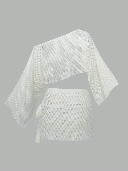 Fembélia 2pcs Set Women's White Summer Boho Beach Holiday,Delicate Hollow-Out Semi-Sheer Mesh Off-Shoulder Exposed Waist Cover Up & Wrap Skirt With Side Ties