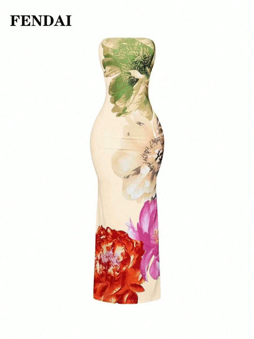 FENDAI Women's Standard Size Spring/Summer Luxurious High-End Printed Bandeau Dress, Slim-Fit Elegant Long Dress For Casual, Vacation, Valentine's Day