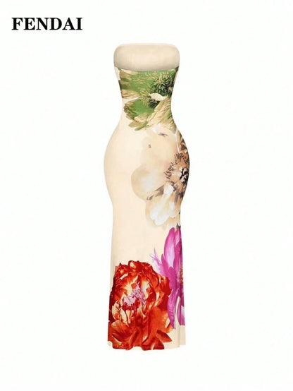FENDAI Women's Standard Size Spring/Summer Luxurious High-End Printed Bandeau Dress, Slim-Fit Elegant Long Dress For Casual, Vacation, Valentine's Day