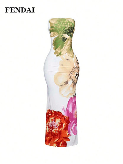 FENDAI Women's Standard Size Spring/Summer Luxurious High-End Printed Bandeau Dress, Slim-Fit Elegant Long Dress For Casual, Vacation, Valentine's Day