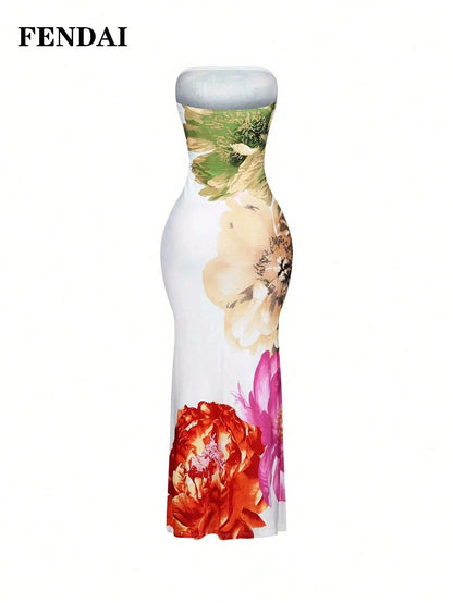 FENDAI Women's Standard Size Spring/Summer Luxurious High-End Printed Bandeau Dress, Slim-Fit Elegant Long Dress For Casual, Vacation, Valentine's Day