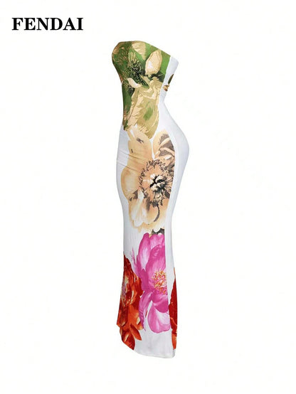 FENDAI Women's Standard Size Spring/Summer Luxurious High-End Printed Bandeau Dress, Slim-Fit Elegant Long Dress For Casual, Vacation, Valentine's Day
