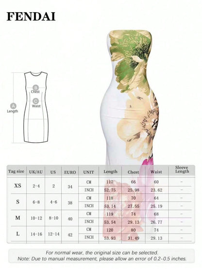 FENDAI Women's Standard Size Spring/Summer Luxurious High-End Printed Bandeau Dress, Slim-Fit Elegant Long Dress For Casual, Vacation, Valentine's Day